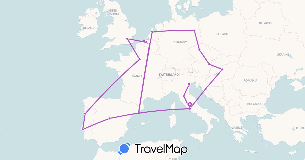 TravelMap itinerary: train in Austria, Belgium, Czech Republic, Germany, Spain, France, United Kingdom, Hungary, Italy, Netherlands, Portugal (Europe)