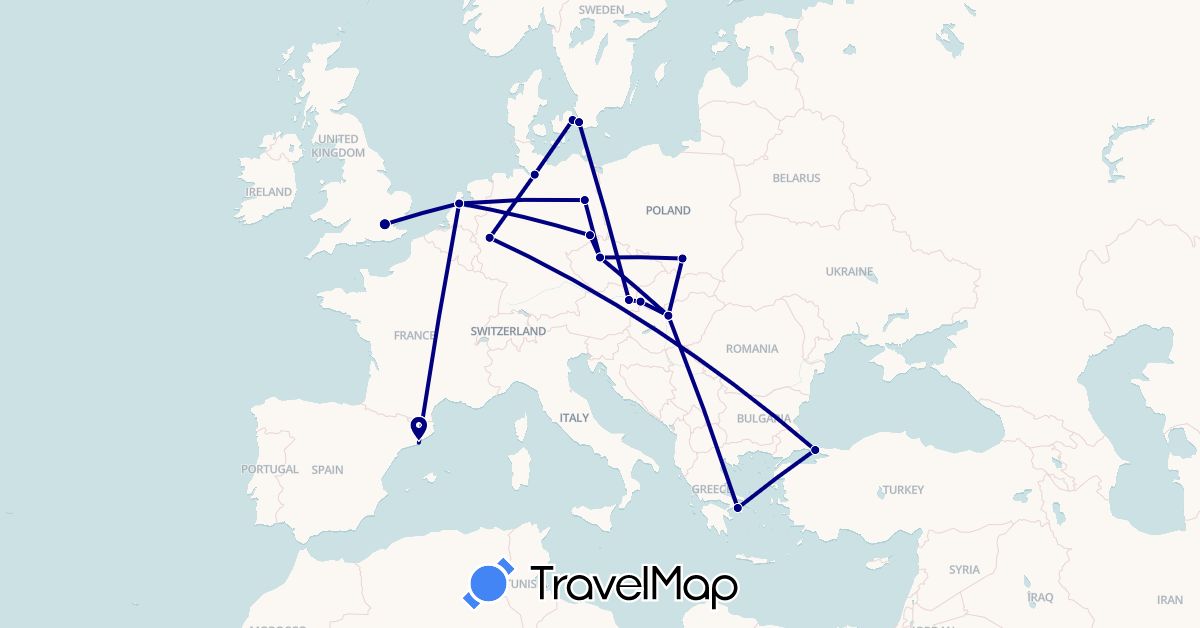 TravelMap itinerary: driving in Austria, Czech Republic, Germany, Denmark, Spain, United Kingdom, Greece, Hungary, Netherlands, Poland, Sweden, Slovakia, Turkey (Asia, Europe)